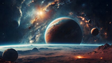 Planets in deep space. Panorama in the endless expanse of space. Cinematic view.