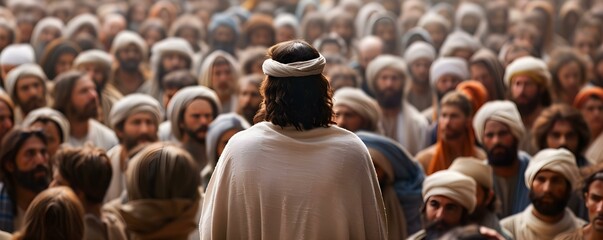 Jesus delivering a powerful sermon to a captivated multitude in stunning digital form. Concept Powerful Sermon, Jesus, Captivated Multitude, Stunning Digital, Religious Art - obrazy, fototapety, plakaty
