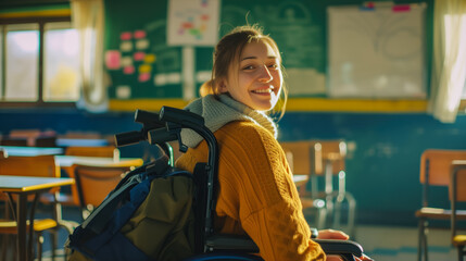 Happy female student in a wheelchair in a school office. Concept for international women's day and people with disabilities.