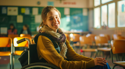 Happy female student in a wheelchair in a school office. Concept for international women's day and people with disabilities.