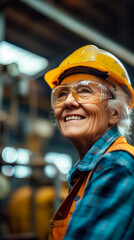 Portrait of elderly woman engineer wearing safety glasses and hard hat inside a factory. Working in old age. World Women's Day concept. Vertical Banner