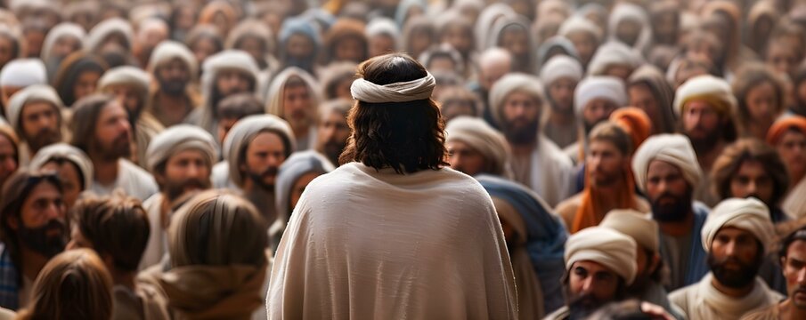 Jesus delivering a powerful sermon to a captivated multitude in stunning digital form. Concept Powerful Sermon, Jesus, Captivated Multitude, Stunning Digital, Religious Art