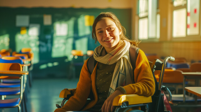 Happy female student in a wheelchair in a school office. Concept for international women's day and people with disabilities.