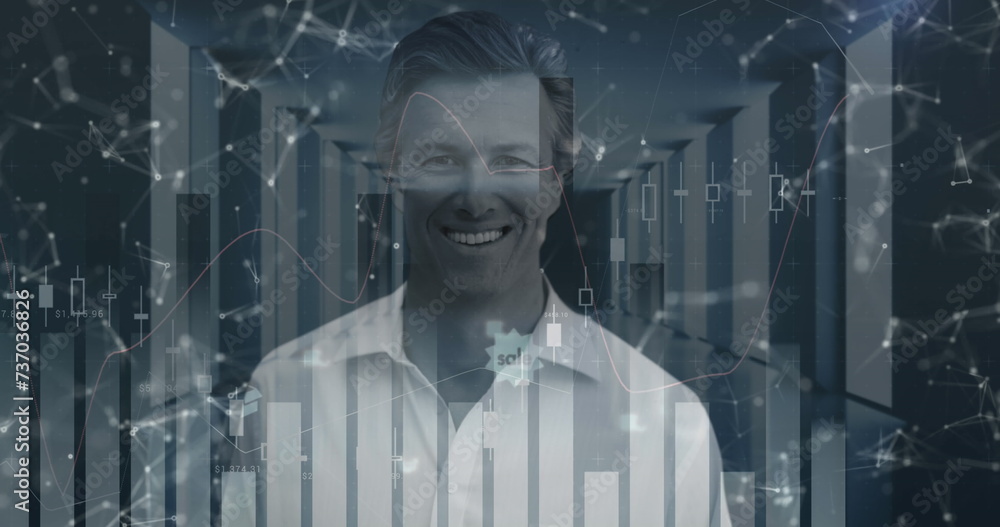 Poster image of digital interface with icons and data processing