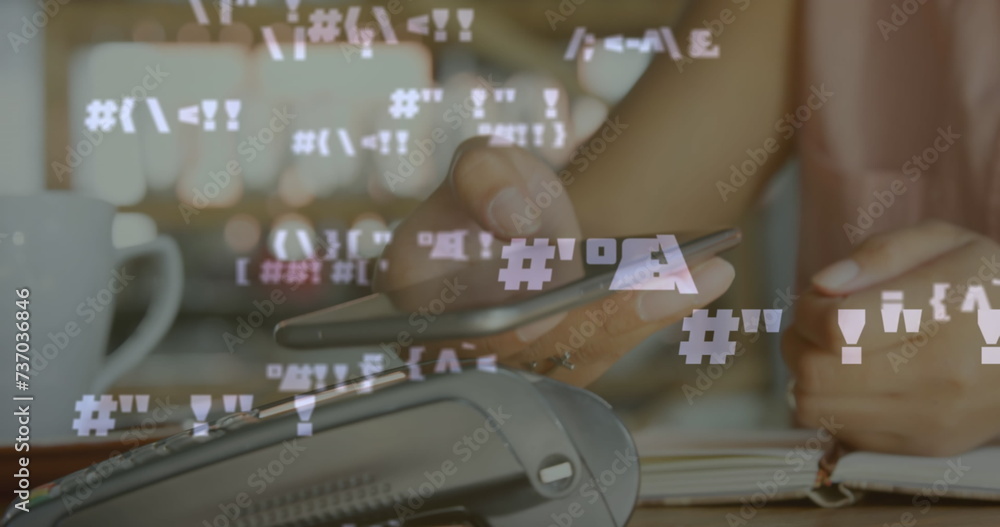 Poster image of digital interface with icons and data processing