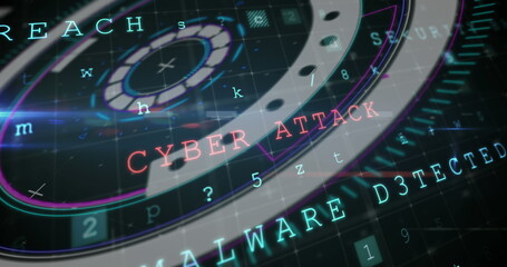 Cyber security concept texts and data processing against round scanner on black background