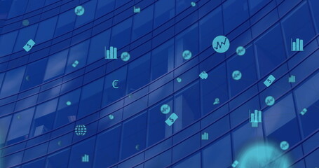 Digital currency symbols float over a blue skyscraper background