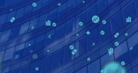 Foto auf Acrylglas Stadtgebäude Digital currency symbols float over a blue skyscraper background