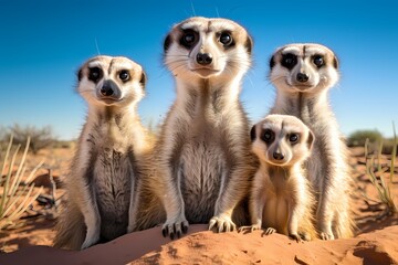A family of meerkats standing upright, keeping a vigilant watch over their burrow in the arid...