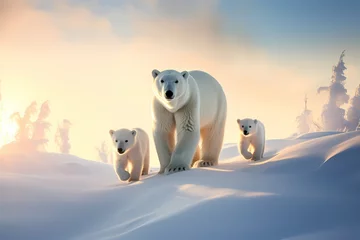 Schilderijen op glas A family of polar bears traversing across a snowy landscape, their thick fur protecting them from the freezing temperatures. © Animals
