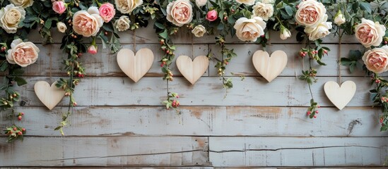 a wooden wall with flowers and wooden hearts on it . High quality