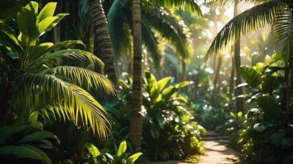 Fototapeta premium Tropical island with palms, Tree in the garden, tropical evergreen forest and leaves plant wallpaper, tropical wallpaper, green plant and leaves background