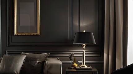 a blank wall and a modern frame with a lamp are positioned in such a way as to attract the viewer's attention. Diffused natural light highlights texture and detail of interior wall and frame