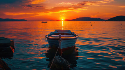 A serene sunset view over the water with a moored boat in the foreground against a mountainous backdrop.

 - obrazy, fototapety, plakaty