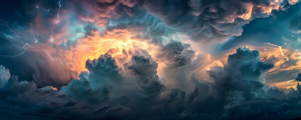 Nature's Power Unleashed: Furious Lightning Strikes Ignite Dark Storm Clouds. Concept Adventure in the Wilderness, Hiking, Camping, Wildlife Encounters..Dreamy Beach Sunset, Golden Hour, Soft Light