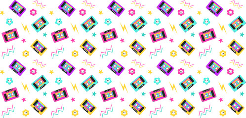 80s-90s retro style pattern with cassettes. Design for fabric, textile, wrapping, clothes, wallpaper. Vector illustration. 
