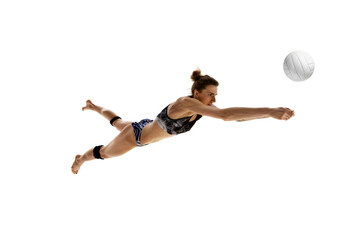 Dynamic portrait of young athlete woman, beach volleyball player passes ball in motion against white studio background. Concept of sport games, movement, championship, power and strength.