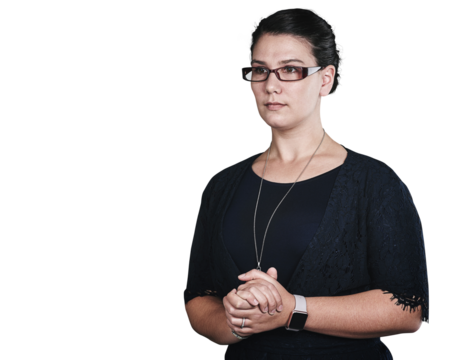 Teacher, woman is serious or stern in glasses for education and academic professional on png transparent background. Educator, school or university professor for learning, knowledge and vision