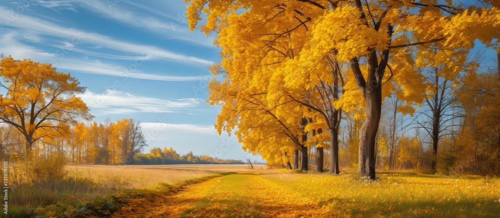 Poster Scenic dirt road landscape with vibrant yellow tree standing in the background