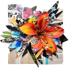 Modern art collage with flowers, petals, newspaper and texture. Three-dimensional bouquet of blooming flowers, 3D elements, paper. Conceptual composition for designing spring and summer banners.