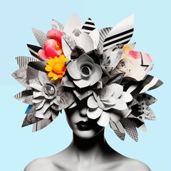 Сontemporary art collage black and white portrait of young woman with flowers on face hides her eyes. portrait of young beautiful woman with flowers instead of head. Magazine fashion composition.