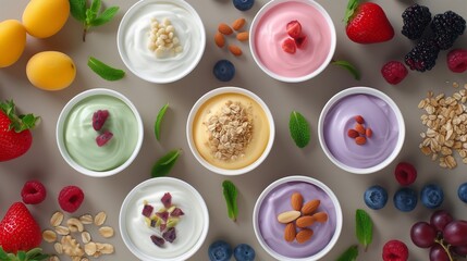 Fototapeta na wymiar Yogurt cups arranged in a variety of flavors and toppings, surrounded by fresh fruits and nuts.