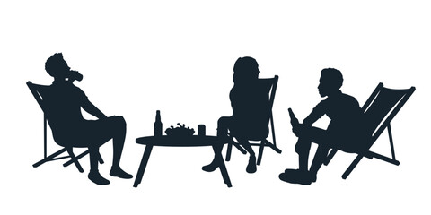 Isolated outdoor scene. Black silhouette of friends picnic. Young people resting with beer and snacks. Summer bbq party. Weekend party