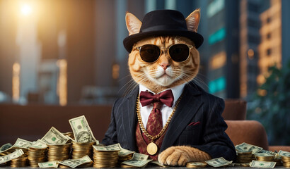 Cool rich gangster boss cat hipster with sunglasses, hat, headphones, gold chain and money dollars. Business, finance, creative idea. Crypto investor cat is holding a lot of money. Winning, concept - obrazy, fototapety, plakaty