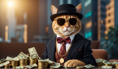 Deurstickers Cool rich gangster boss cat hipster with sunglasses, hat, headphones, gold chain and money dollars. Business, finance, creative idea. Crypto investor cat is holding a lot of money. Winning, concept © Xabi