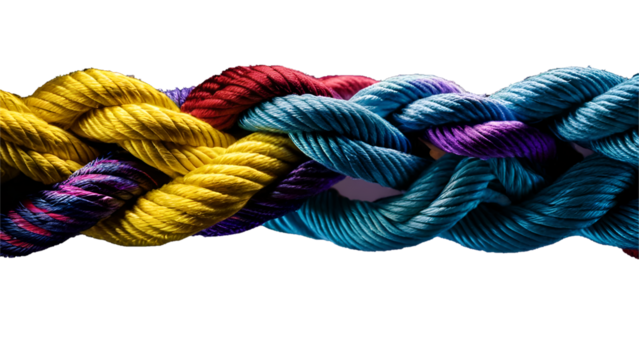 Tightly woven multi colored rope inculding yellow red blue color isolated on white background