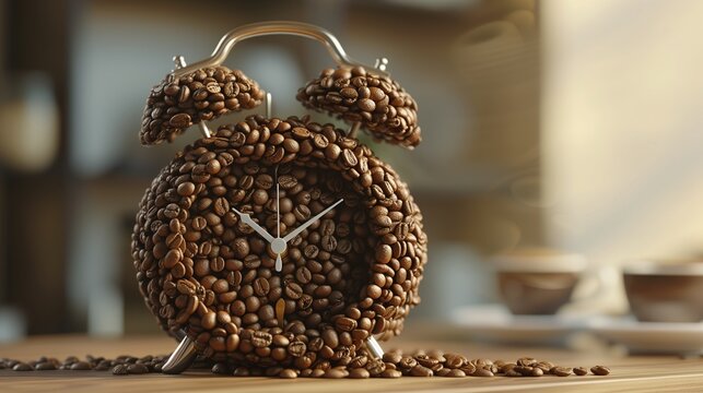 Morning Buzz A creative composition coffee beans arranged in the shape of an alarm clock, symbolizing the energizing kick-start provided by a morning cup of coffee to jumpstart the day