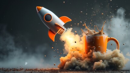 Coffee mug transformed into a rocket ship blasting off into space, symbolizing the revitalizing effect of a caffeine-infused coffee on lifting spirits and energizing the mind - obrazy, fototapety, plakaty