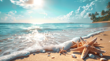 Fototapeta na wymiar Starfish and seashells on a sunlit sandy beach with gentle waves and a clear blue sky.