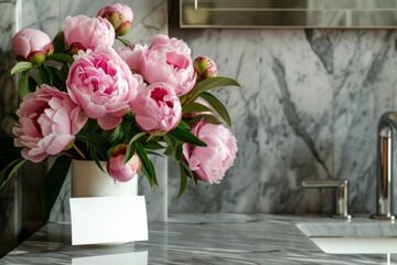 gentle wake-up call is offered by a vibrant bouquet of pink peonies in a crystal vase, perched on a sleek wooden vanity in a sunlit bathroom