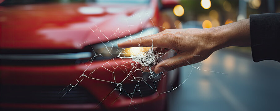  vehicle crash phone photography for insurance. Man hand touch glass in front of car and broke into crack.
