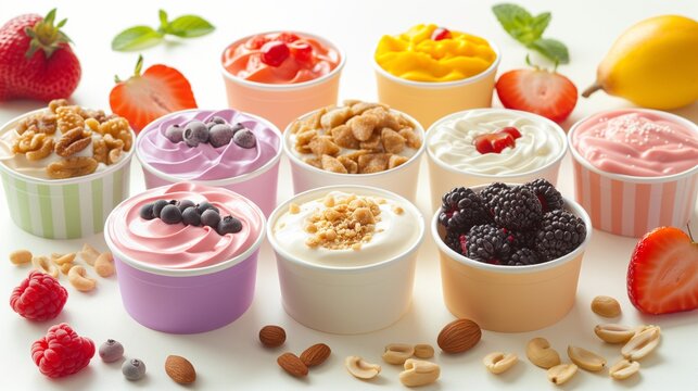 Yogurt cups arranged in a variety of flavors and toppings, surrounded by fresh fruits and nuts.