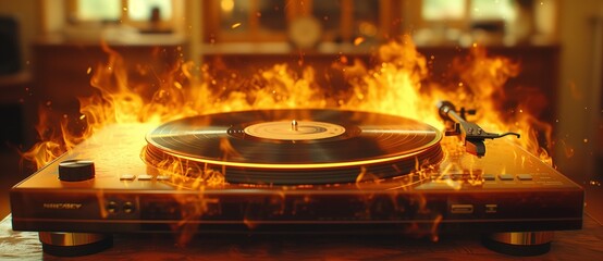 record player under fire cozy atmosphere
