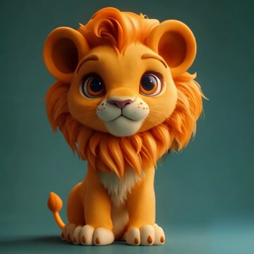 A cute little lion cub with a lush mane and big eyes. Little animal 3d rendering cartoon character. Simple animation of a funny lion. Short cartoon with a cute lion.