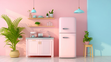 Retro style pink fridge in vintage kitchen. Refrigerator with stainless steel handles in a colorful kitchen. Concept using retro items, back to past. Escapism, romanticization past, nostalgia.
