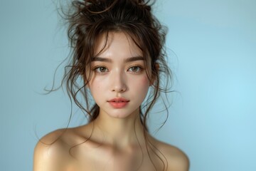 Closeup studio shot of a asian happiness beautiful young woman with freckles skin posing Sustainability portrait Close-up portrait of young and beautiful woman cosmetic skincare spa treatment concept