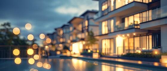 Elegant apartment building illuminated at dusk, city life with warm light