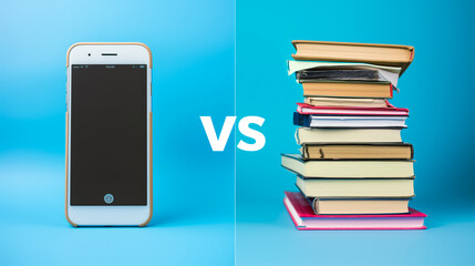 Mobile phone versus books on a blue background. Concept of choosing between studying and using the smartphone.