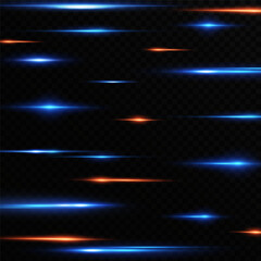 Obraz premium Neon lines moving light effect. Horizontal lines. Speed ​​effect on a transparent background. Lines of light, speed and movement. blue and red. 