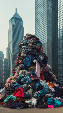 Huge pile of clothes against the backdrop of city skyscrapers. Environmental costs of fast fashion. Recycling textiles. Concept of excessive consumerism. Vertical Banner