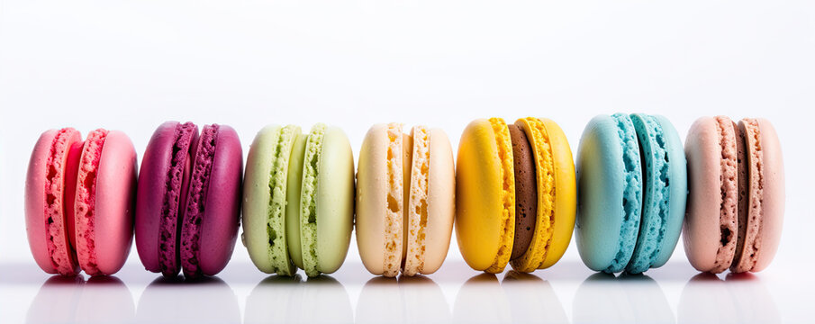 Macarons cakes on white background. Colorful delicious french macarones wide banner