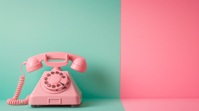 Retro rotary phone from 80s on colored pastel background. Concept using retro items, back to past. Escapism, romanticization past, candy-style nostalgia. Copy space, free space for text.