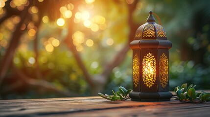 Fototapeta premium Arabic lantern of ramadan celebration. A stunning lantern emits a warm glow, casting enchanting shadows on a beautifully weathered wooden table.