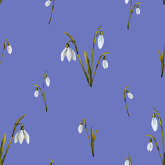 Fototapeta na wymiar Snowdrops seamless pattern, fabric patterns, design, digital watercolor illustration, wedding, card, letter, spring