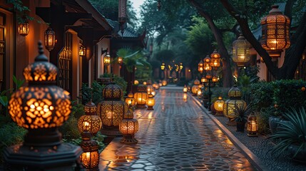 A captivating scene featuring a street adorned with numerous brightly lit lanterns, creating a...
