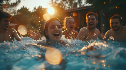 Group Of Friends Having Fun Party In Swimming Pool